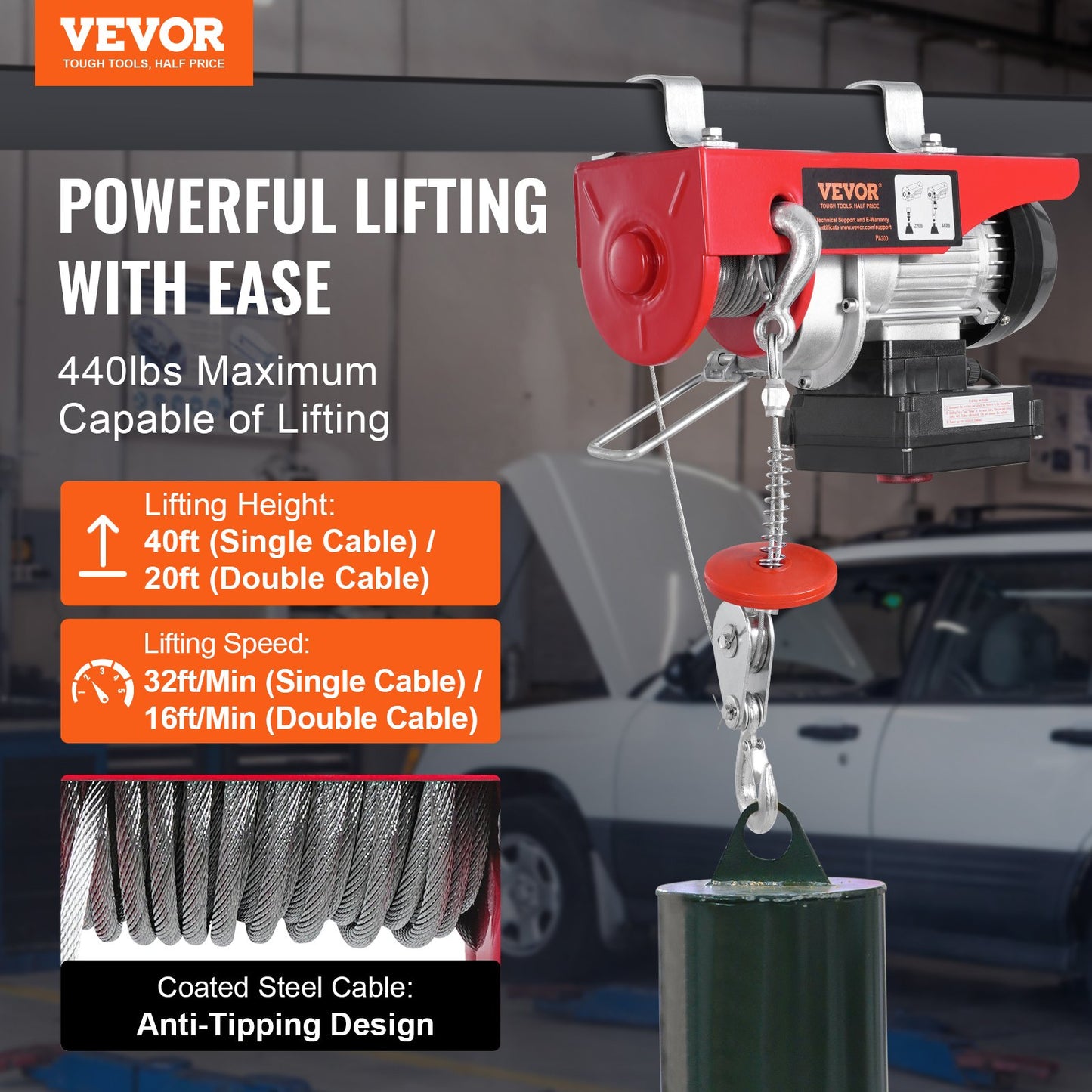 Electric Hoist Crane Winch 440 lbs 328 ft Wireless &amp; 14 ft Wired Remote