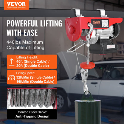 Electric Hoist Crane Winch 440 lbs 328 ft Wireless &amp; 14 ft Wired Remote