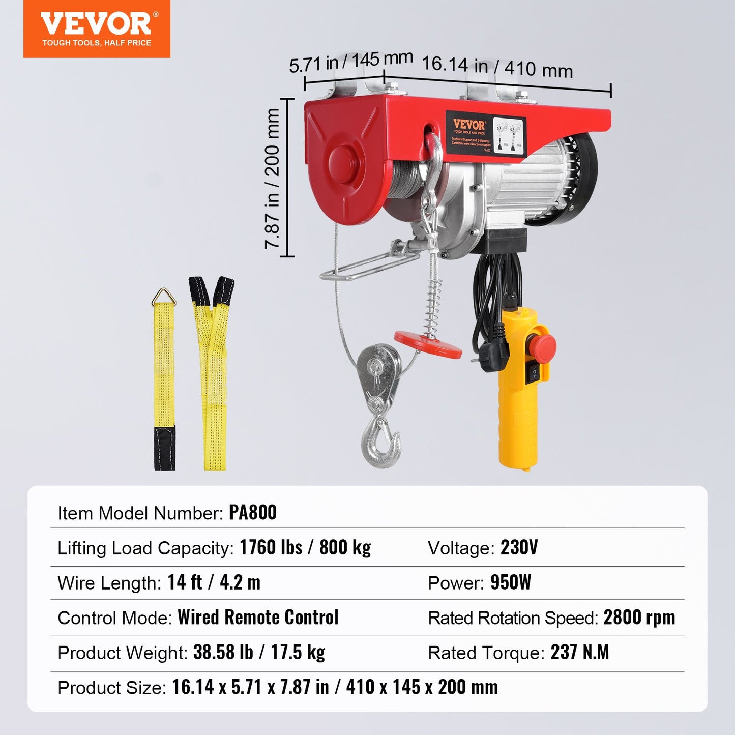 Elektrisk lyftkranvinsch 1760 lbs med 14 fot trådbunden fjärrkontroll 230V