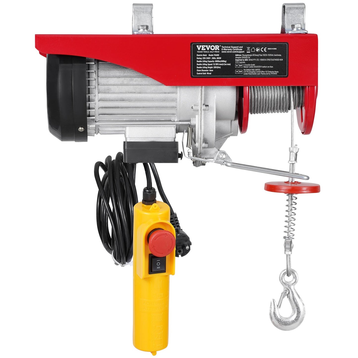 Elektrisk lyftkranvinsch 880 lbs med 14 fot trådbunden fjärrkontroll 230V