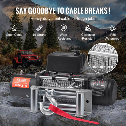 Elektrisk vinschtruck 13 500 lb stålkabel IP65 vattentät fjärrkontroll