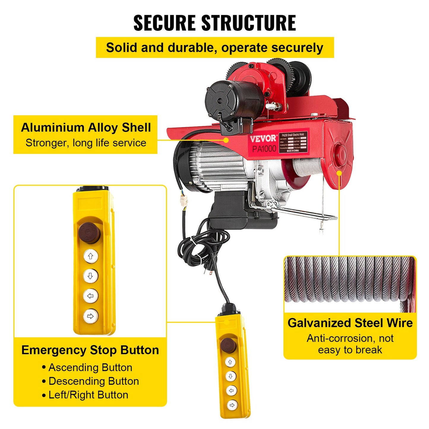 Electric Wire Rope Hoist with Trolley, Electric Wire Rope Hoist with Trolley Remote Control Industry 1000KG/2200LBS Capacity