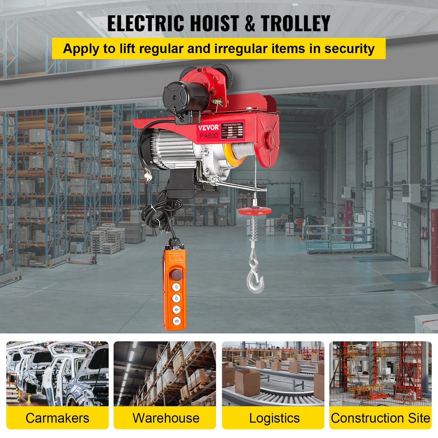 800 kg/1700 lbs Elektrischer Trolley-Lift, 1300 W Elektrische Hebewinde Doppelt 12 m/40 Fuß, Elektrischer Lift Elektrischer Gabelstapler Stahlpalettenregal Hebel Garagenlift