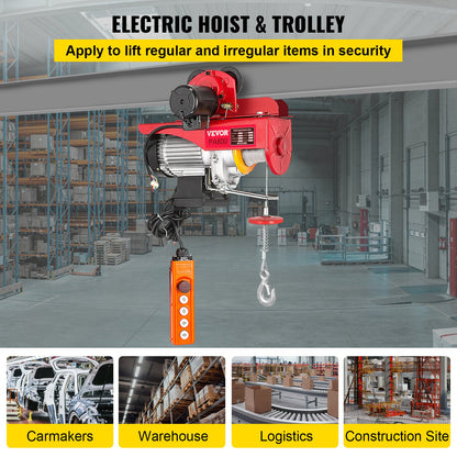 800 kg/1700 lbs Elektrischer Trolley-Lift, 1300 W Elektrische Hebewinde Doppelt 12 m/40 Fuß, Elektrischer Lift Elektrischer Gabelstapler Stahlpalettenregal Hebel Garagenlift