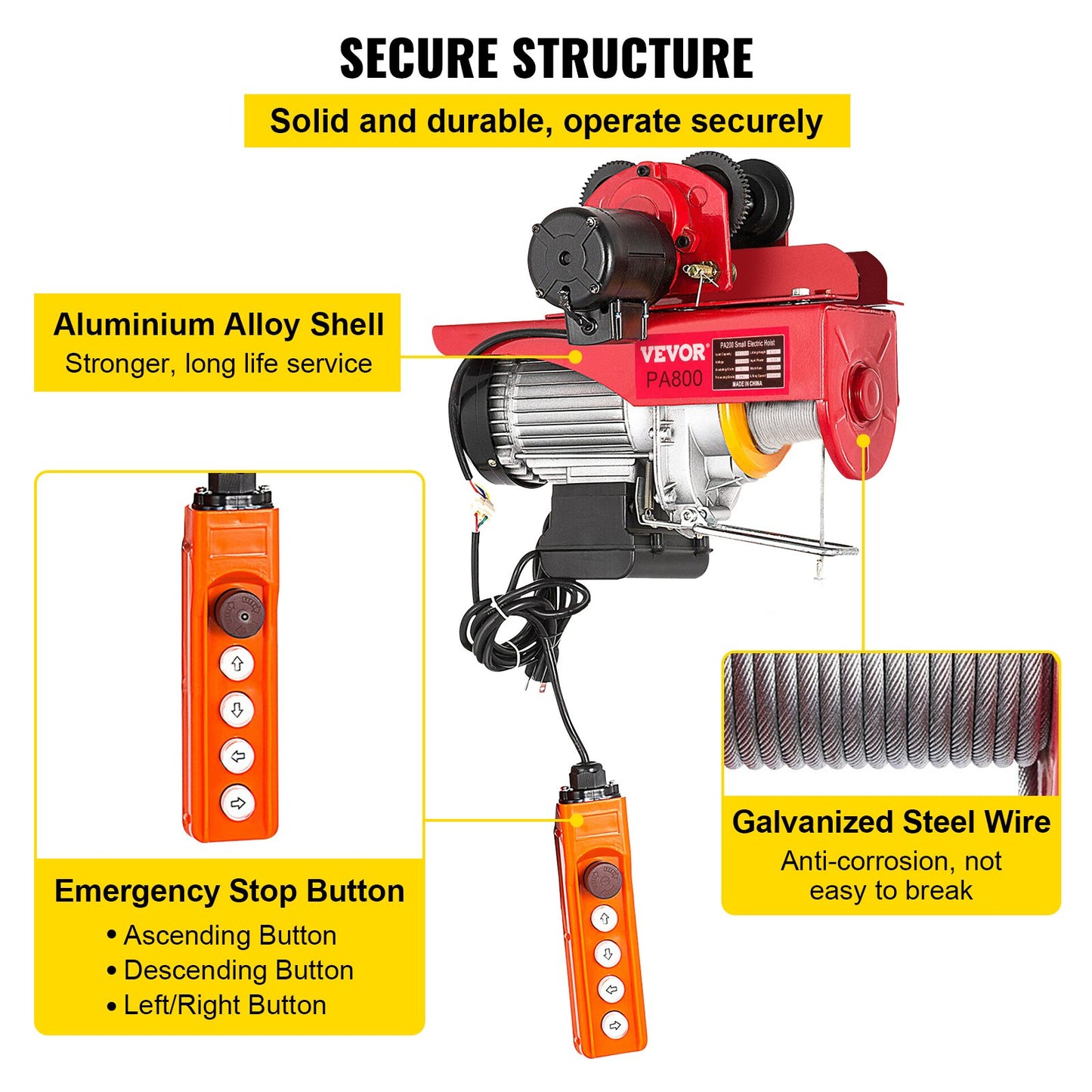 800 kg/1700 lbs Elektrischer Trolley-Lift, 1300 W Elektrische Hebewinde Doppelt 12 m/40 Fuß, Elektrischer Lift Elektrischer Gabelstapler Stahlpalettenregal Hebel Garagenlift