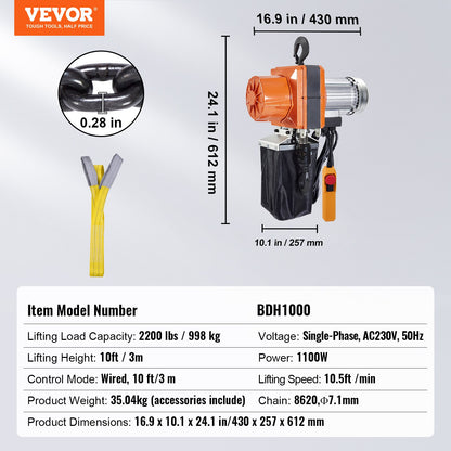 Electric Chain Hoist Single Phase Crane Hoist 2200 lbs Load 10 Feet Lift