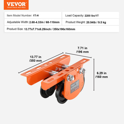 Elektrisk lyftvagn manuell, 2200 lbs/1 ton Kapacitet för PA200 PA250 PA300 PA400 PA500, skjutbalkvagn med dubbla hjul, 2,68"-4,33" justerbar balkflänsbredd för rakböjd I-balk