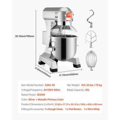 Elektrisk Matberedare 30L Matberedare 1100W Elektrisk Degblandare 220V Justerbar Kommersiell Mixer Kvarn Kommersiell Stand Mixer för Kök Kommersiellt Bruk |  EU