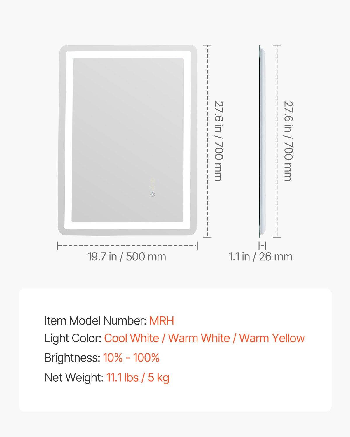 LED Bathroom Mirror 3 Colors Anti-fog Wall Mounted Makeup Mirror 50 x 70 cm