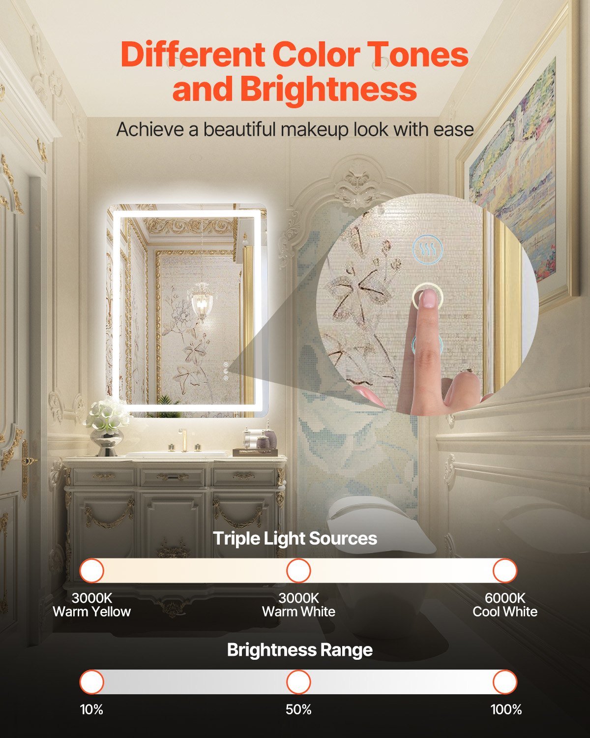 LED Bathroom Mirror 3 Colors Anti-fog Wall Mounted Makeup Mirror 60 x 80 cm