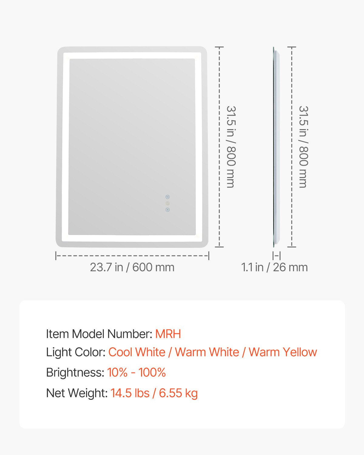 LED Bathroom Mirror 3 Colors Anti-fog Wall Mounted Makeup Mirror 60 x 80 cm