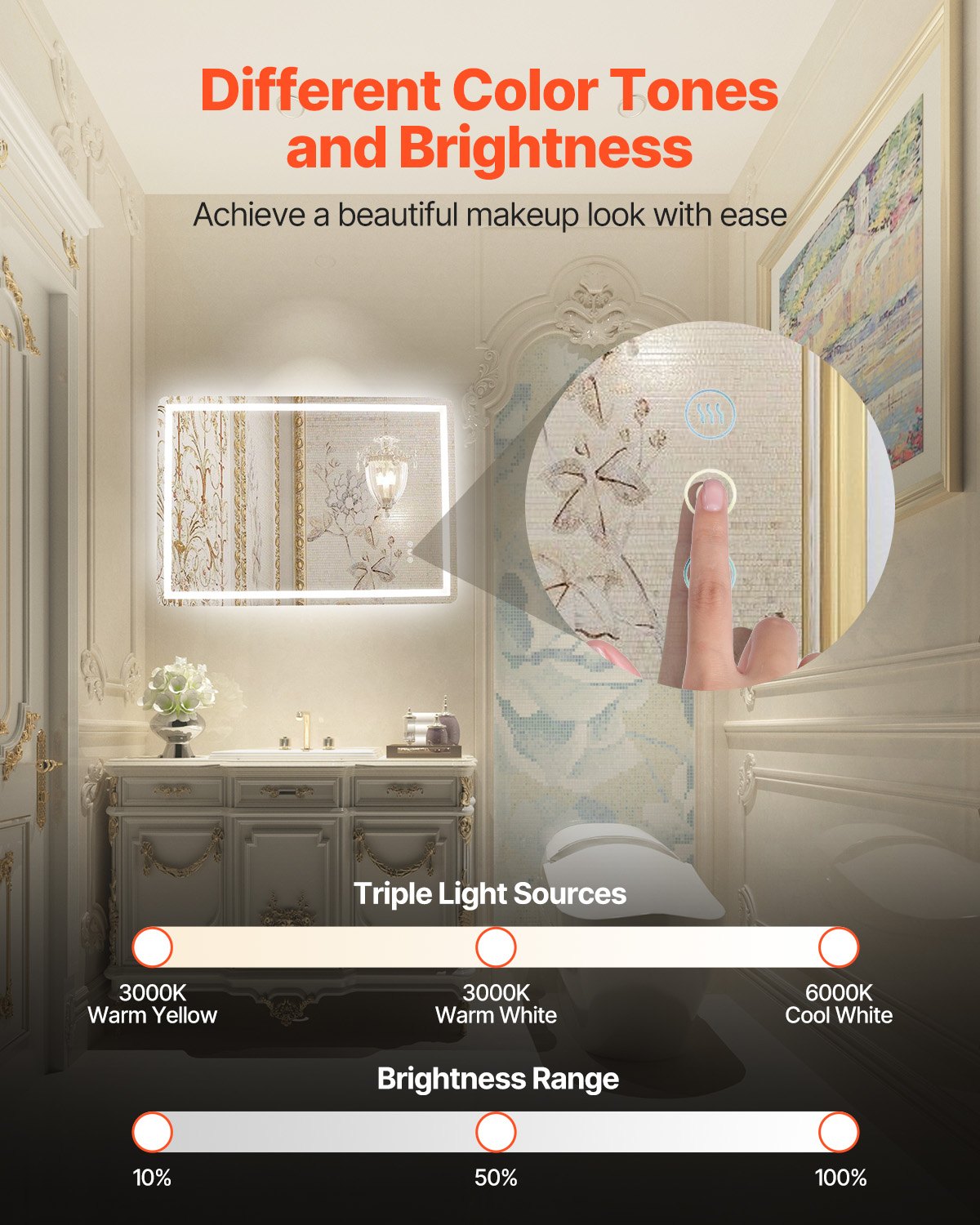 LED bathroom mirror 3 color anti-fog Wall mounted makeup mirror 70 x 100 cm