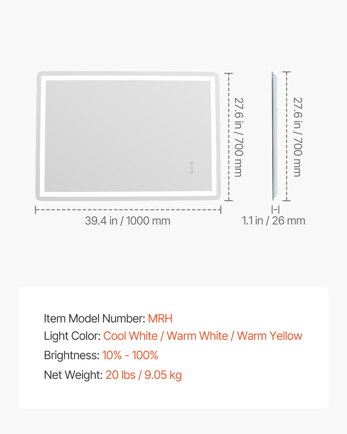 LED bathroom mirror 3 color anti-fog Wall mounted makeup mirror 70 x 100 cm