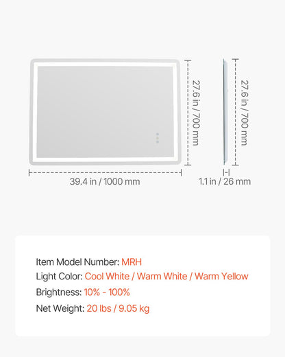 LED bathroom mirror 3 color anti-fog Wall mounted makeup mirror 70 x 100 cm