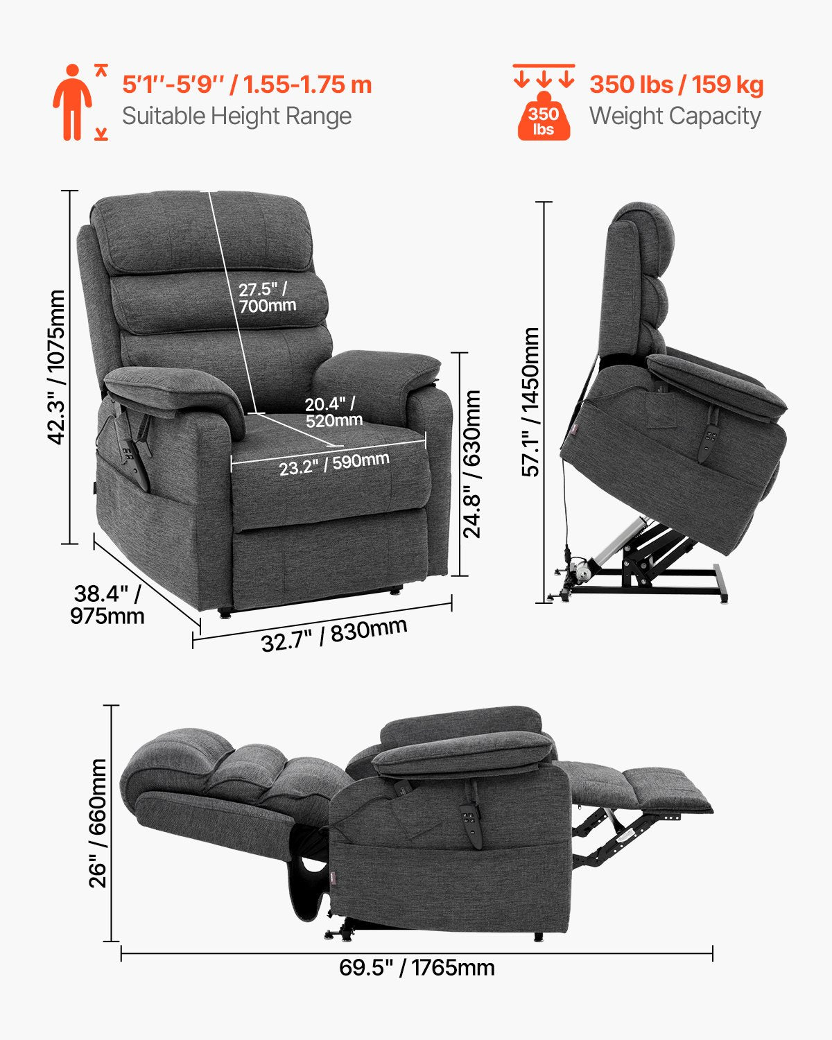 Power Lift Liggstol för äldre Heat and Massage Electric Recliner M
