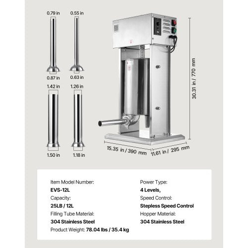 Elektrisk Korvfyllare, 12 L Vertikal Köttfyllare, Steglös Hastighetskontroll och Fotpedal, Robust Korvfyllare i Rostfritt Stål med 4 Fyllningsrör, För Kommersiellt & Hembruk |  EU