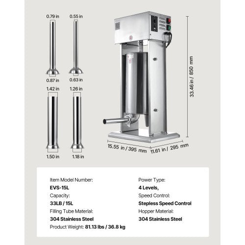 Elektrisk Korvfyllare, 15 L Vertikal Köttfyllare, Steglös Hastighetskontroll och Fotpedal, Robust Korvfyllare i Rostfritt Stål med 4 Fyllningsrör, För Kommersiellt & Hembruk |  EU
