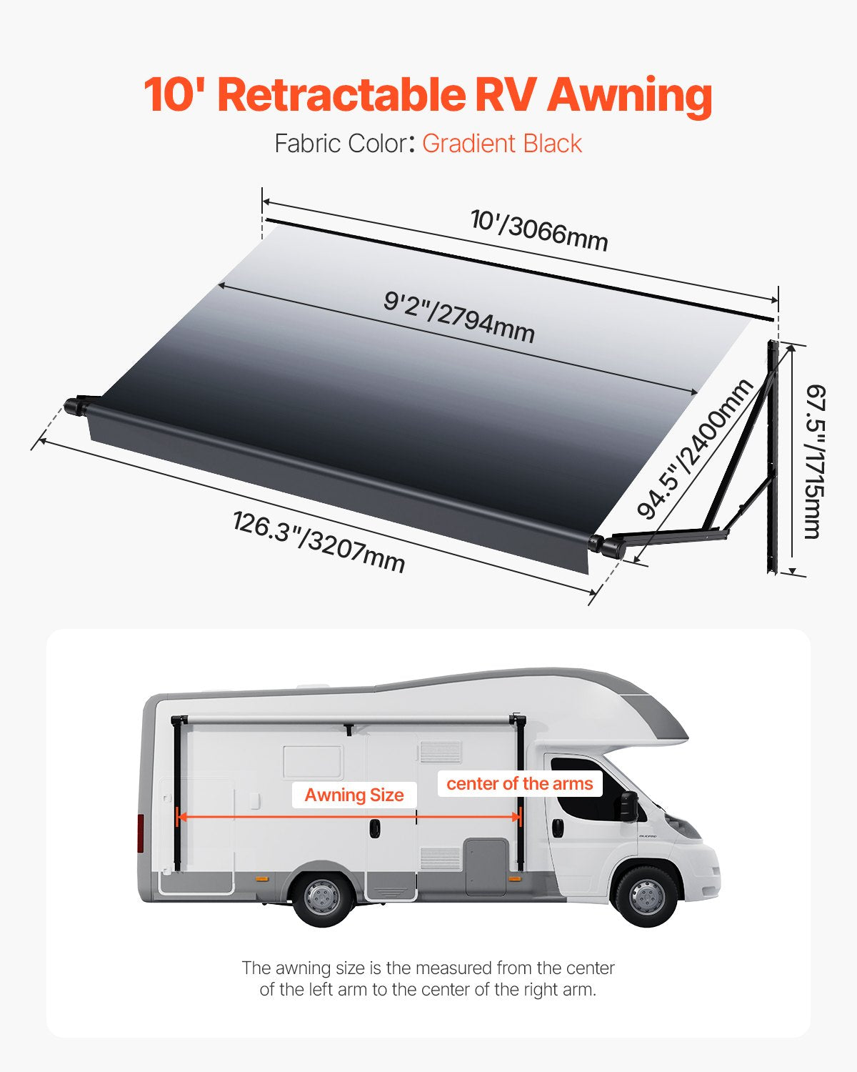10' RV Replacement Awning Electric Trailer Awning for Most DC12V RVs