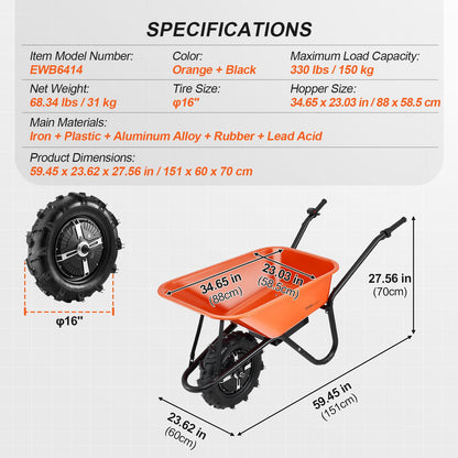 Electric Wheelbarrow Cart One Wheel 5 Cu Ft Powered Dump Cart 330 lbs