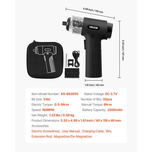 Elektrisk Skruvmejsel, 7 Vridmomentinställningar 0,5-5 Nm, 2500mAh Batteri, Sladdlös Skruvmejselsats med 32 Del 1/4-tums Bits, Digital Display, LED-Lampa, Typ-C Laddning, För Möbelreparationer |  EU