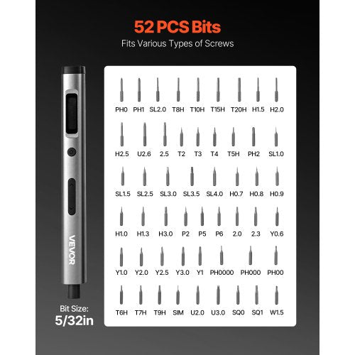 elektrisk precisionsskruvmejselsats, 52 magnetiska bits, mini elektrisk skruvmejsel med magnetisk förvaringslåda, S2-stålbits, LED-lampa, typ-C-laddning, för reparation av telefoner, bärbara datorer och elektronik |  EU