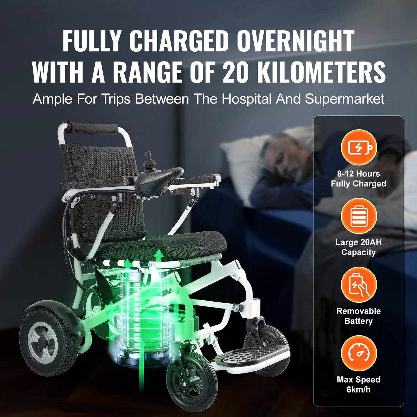 Intelligent hopfällbar elektrisk rullstol Motoriserad elrullstol 300 lbs