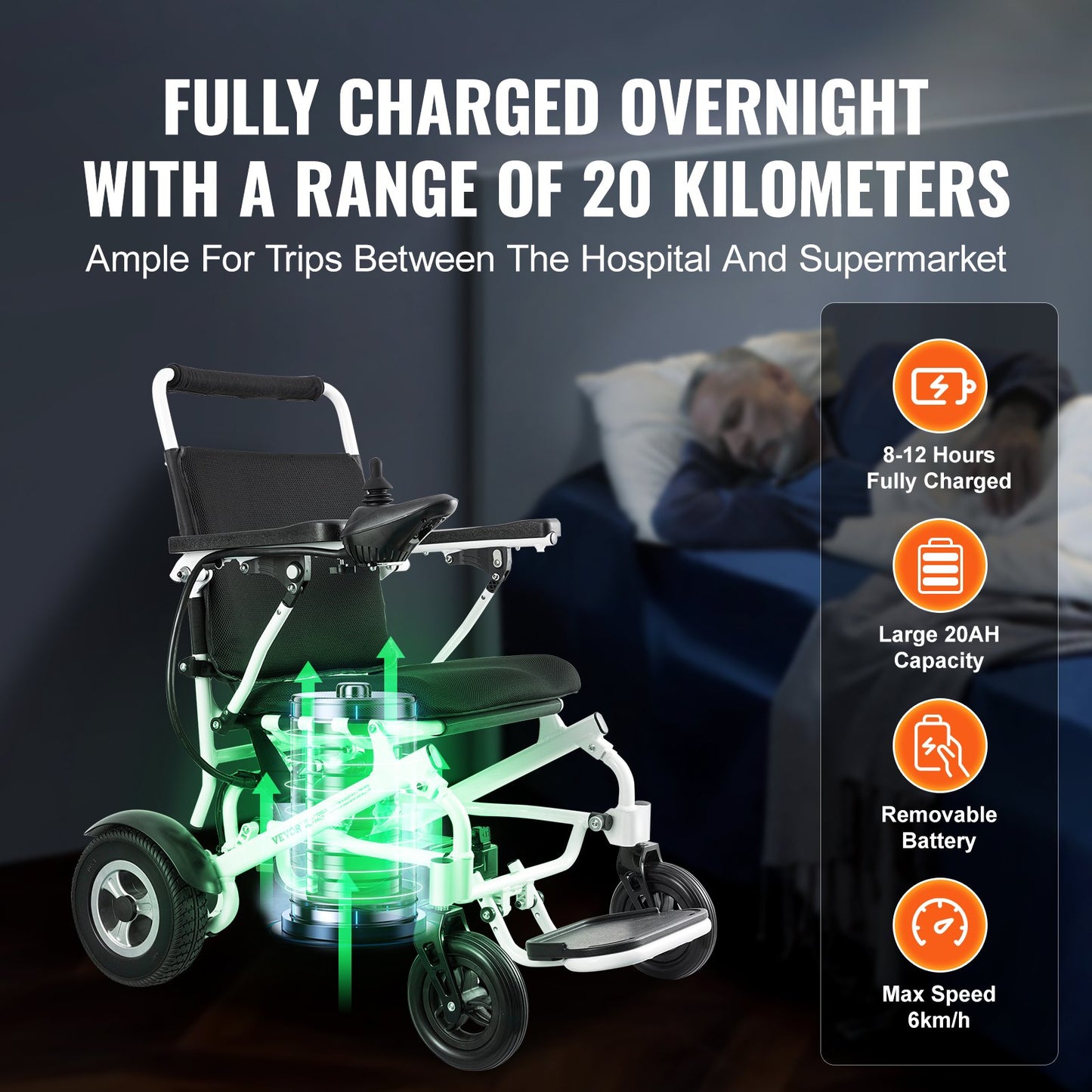 Hopfällbar elektrisk rullstol Motoriserad elrullstol 300 lbs 20 i brett säte