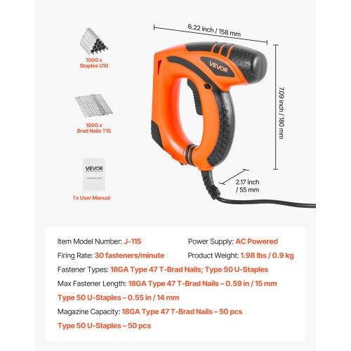 Elektrisk spikpistol, 2-i-1 häftpistol Bradspikpistol, 18 Gauge 15 mm, häftpistol Bradspikpistol med 1000 st klammer och 1000 st spik, halkfritt gummigrepp, för träbearbetning och gör-det-själv-projekt |  EU