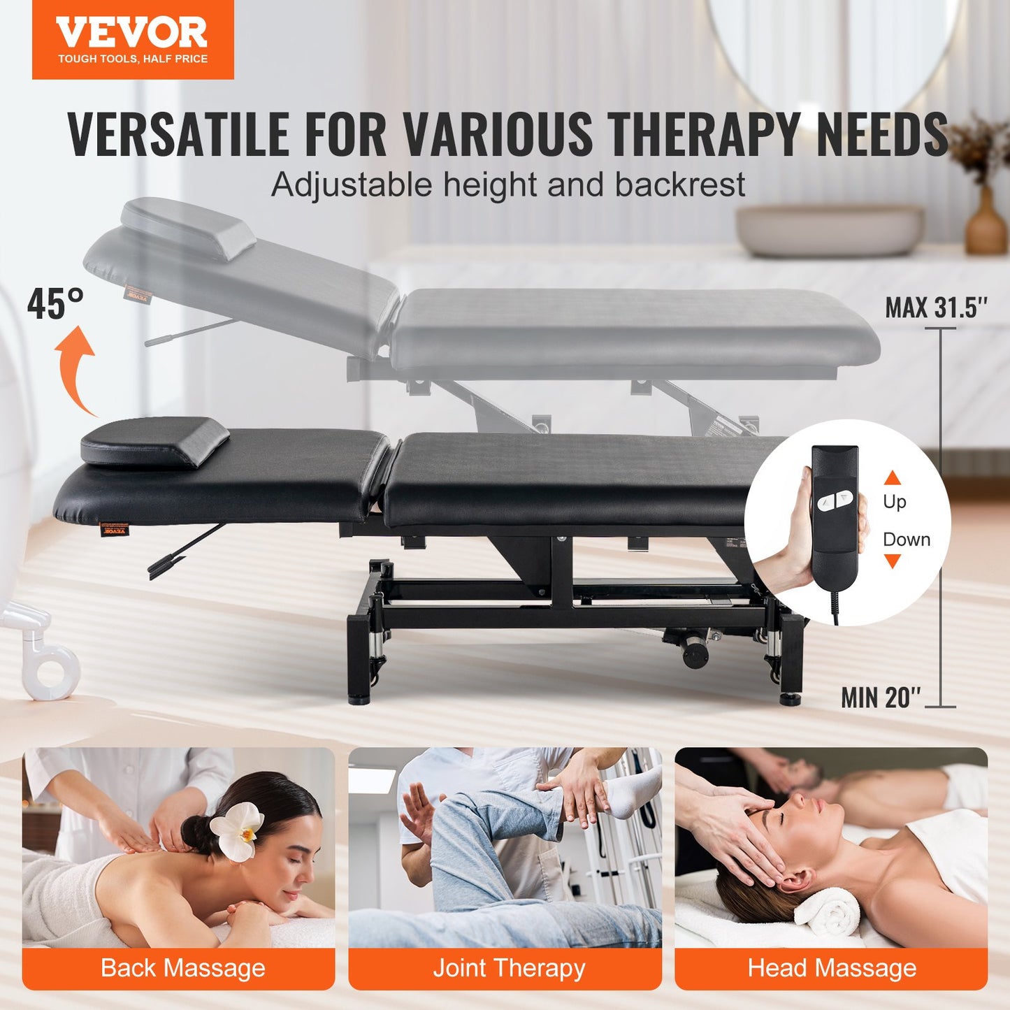 Electric massage table Height adjustable with 0-45° adjustable backrest