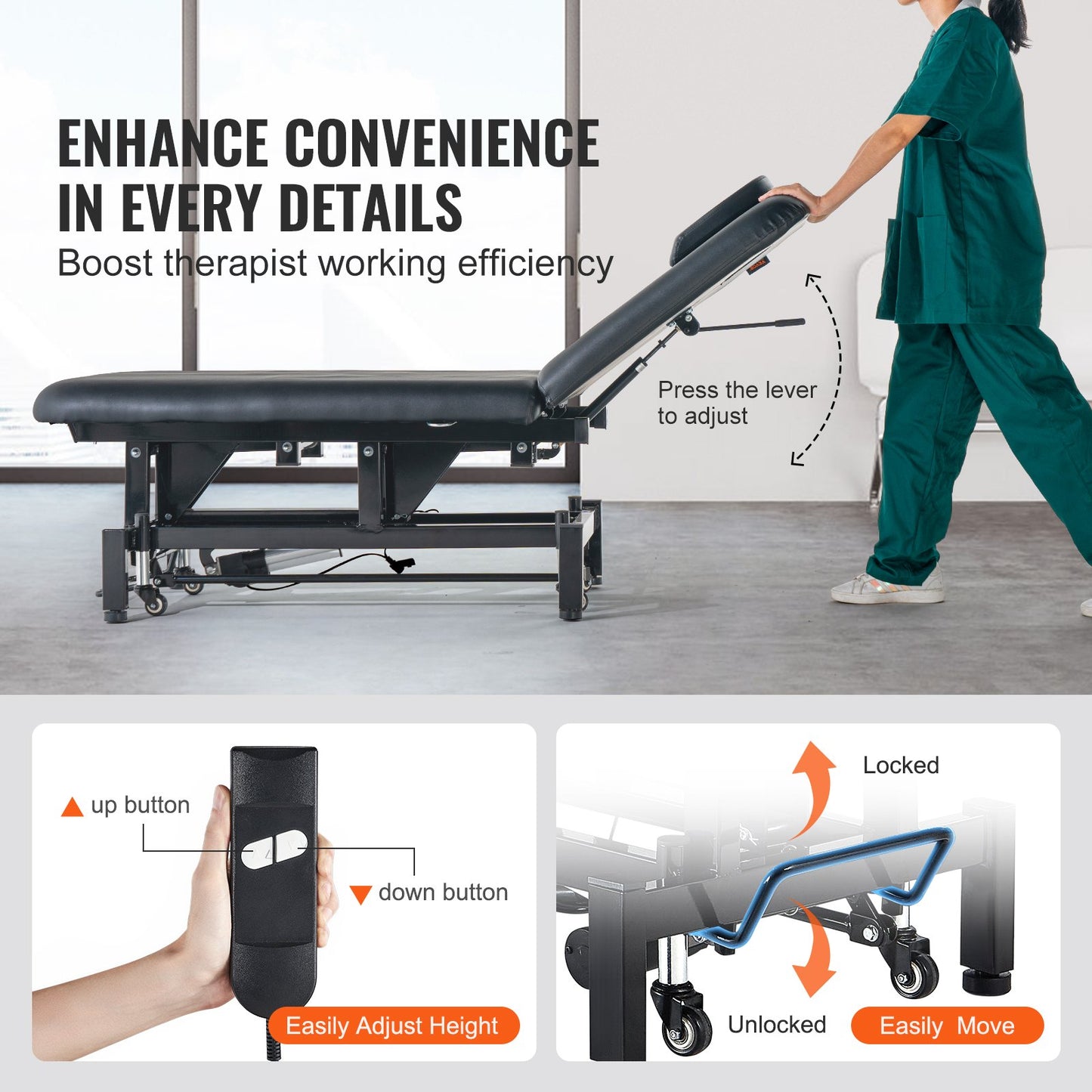 Electric massage table Height adjustable with 0-45° adjustable backrest