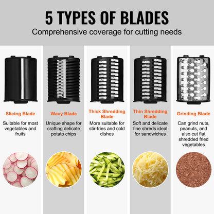 Electric cheese grater salad maker, 250W salad cutter, electric vegetable cutter chopper for fruit with 5 accessories, stainless steel food cutter for vegetables and cheeses
