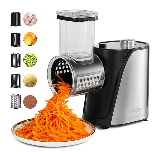 Electric cheese grater salad maker, 250W salad cutter, electric vegetable cutter chopper for fruit with 5 accessories, stainless steel food cutter for vegetables and cheeses
