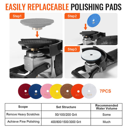 Wet Stone Polermaskin 4-tums elektrisk granitpolerare med 6 hastigheter och 7 pads