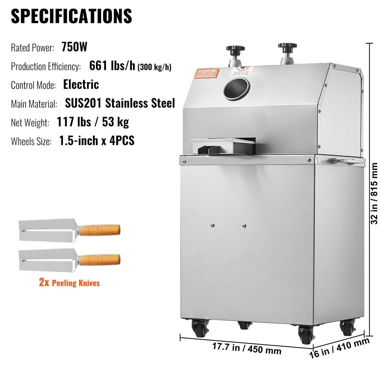 Elektrischer Zuckerrohr-Entsafter, 750 W, Leistung 290 kg/h, 3 Walzen, 6,1 cm großer Einlass