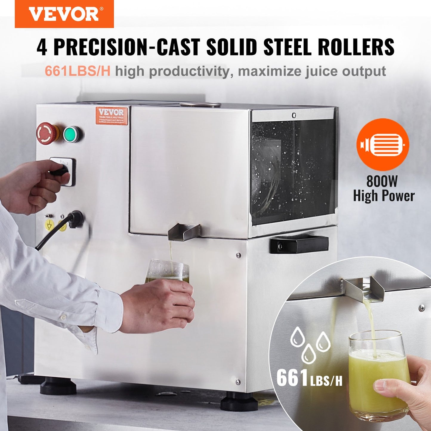 800W elektrisk sockerrörsjuicer 661LBS/H Utgång 4 rullar 2,4" stort inlopp