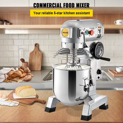 Kommerzieller Standmixer, 10-Qt-Edelstahlschüssel, 850 W Hochleistungs-Elektro-Lebensmittelmixer mit 3 einstellbaren Geschwindigkeiten (113/184/341 U/min), Knethaken und Schneebesen im Lieferumfang enthalten, perfekt für Bäckerei und Pizzeria