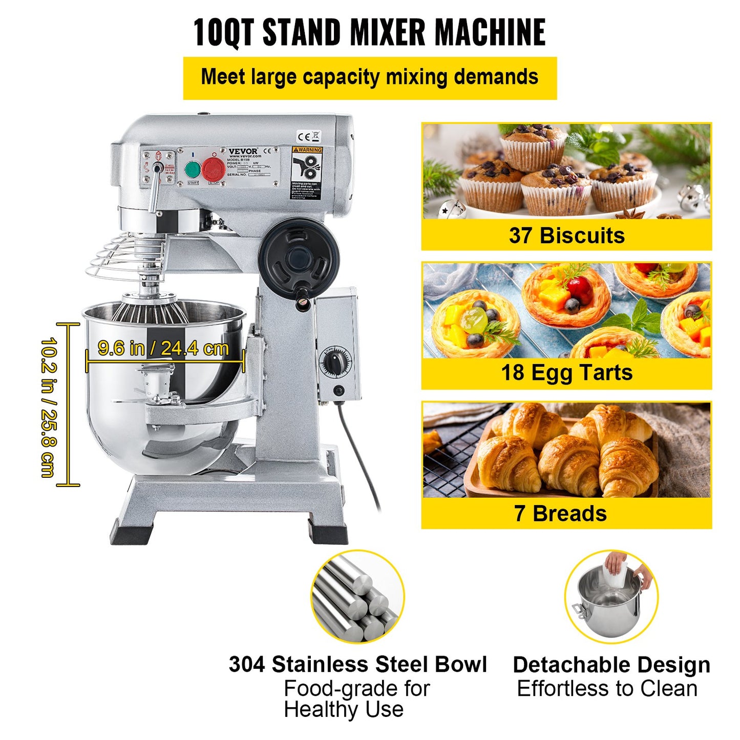 Kommerzieller Standmixer, 10-Qt-Edelstahlschüssel, 850 W Hochleistungs-Elektro-Lebensmittelmixer mit 3 einstellbaren Geschwindigkeiten (113/184/341 U/min), Knethaken und Schneebesen im Lieferumfang enthalten, perfekt für Bäckerei und Pizzeria