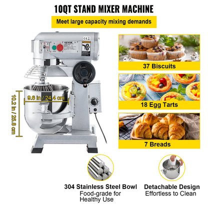 Kommerzieller Standmixer, 10-Qt-Edelstahlschüssel, 850 W Hochleistungs-Elektro-Lebensmittelmixer mit 3 einstellbaren Geschwindigkeiten (113/184/341 U/min), Knethaken und Schneebesen im Lieferumfang enthalten, perfekt für Bäckerei und Pizzeria