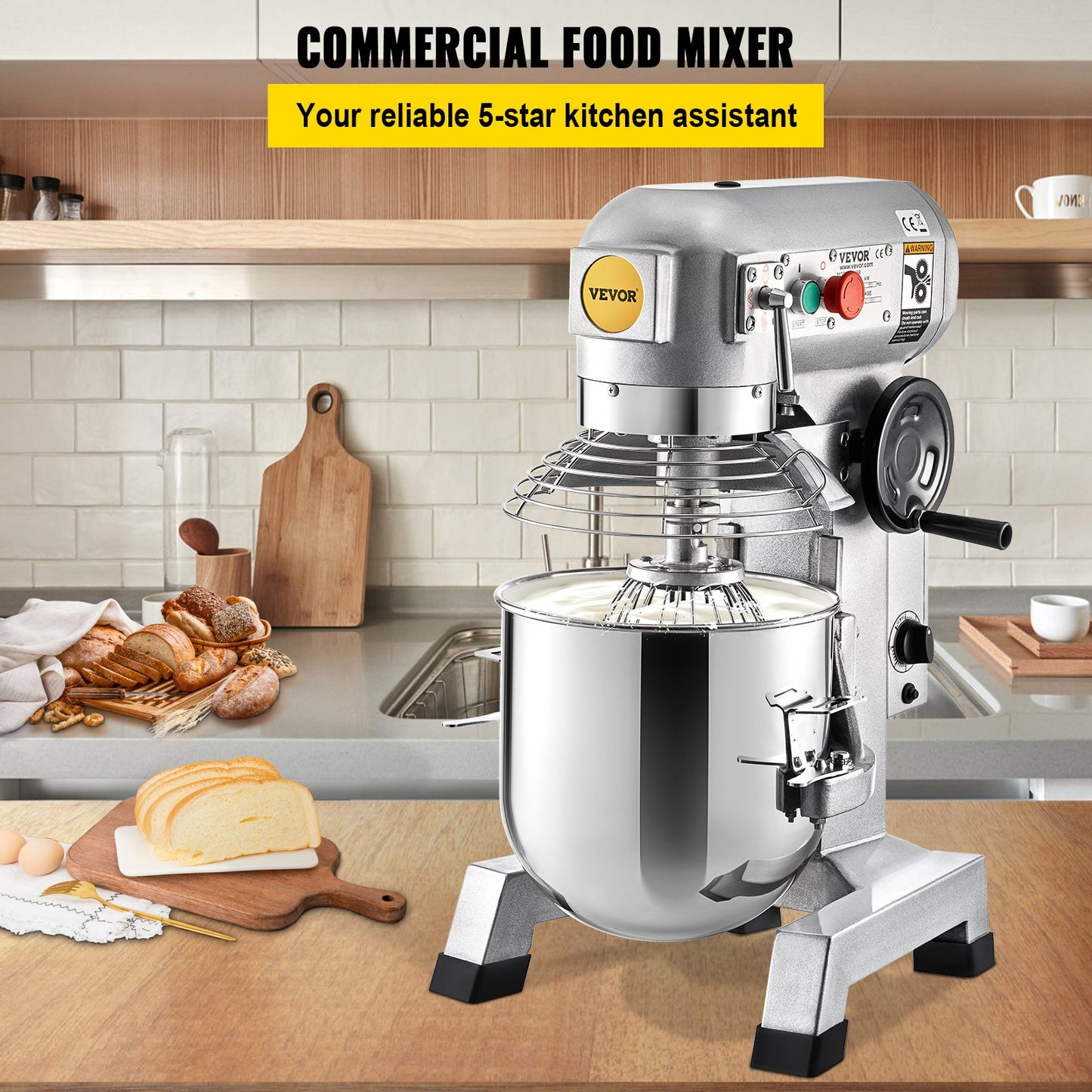 Commercial Stand Mixer, 15Qt rostfritt stål skål, 850W Heavy Duty elektrisk matmixer med 3 hastigheter justerbar 113/184/341 rpm, degkrok visp ingår, perfekt för bageri pizzeria