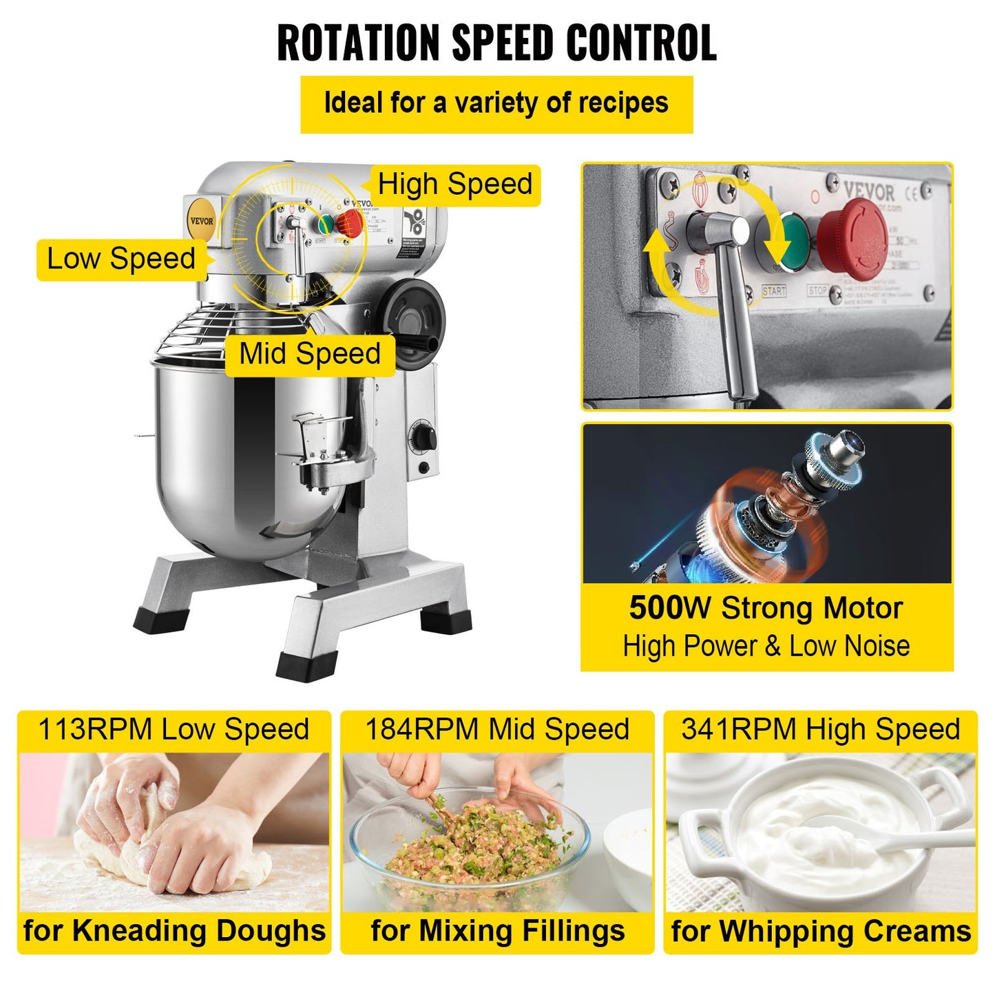 Commercial Stand Mixer, 15Qt rostfritt stål skål, 850W Heavy Duty elektrisk matmixer med 3 hastigheter justerbar 113/184/341 rpm, degkrok visp ingår, perfekt för bageri pizzeria