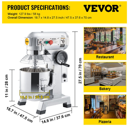 Commercial Stand Mixer, 15Qt rostfritt stål skål, 850W Heavy Duty elektrisk matmixer med 3 hastigheter justerbar 113/184/341 rpm, degkrok visp ingår, perfekt för bageri pizzeria