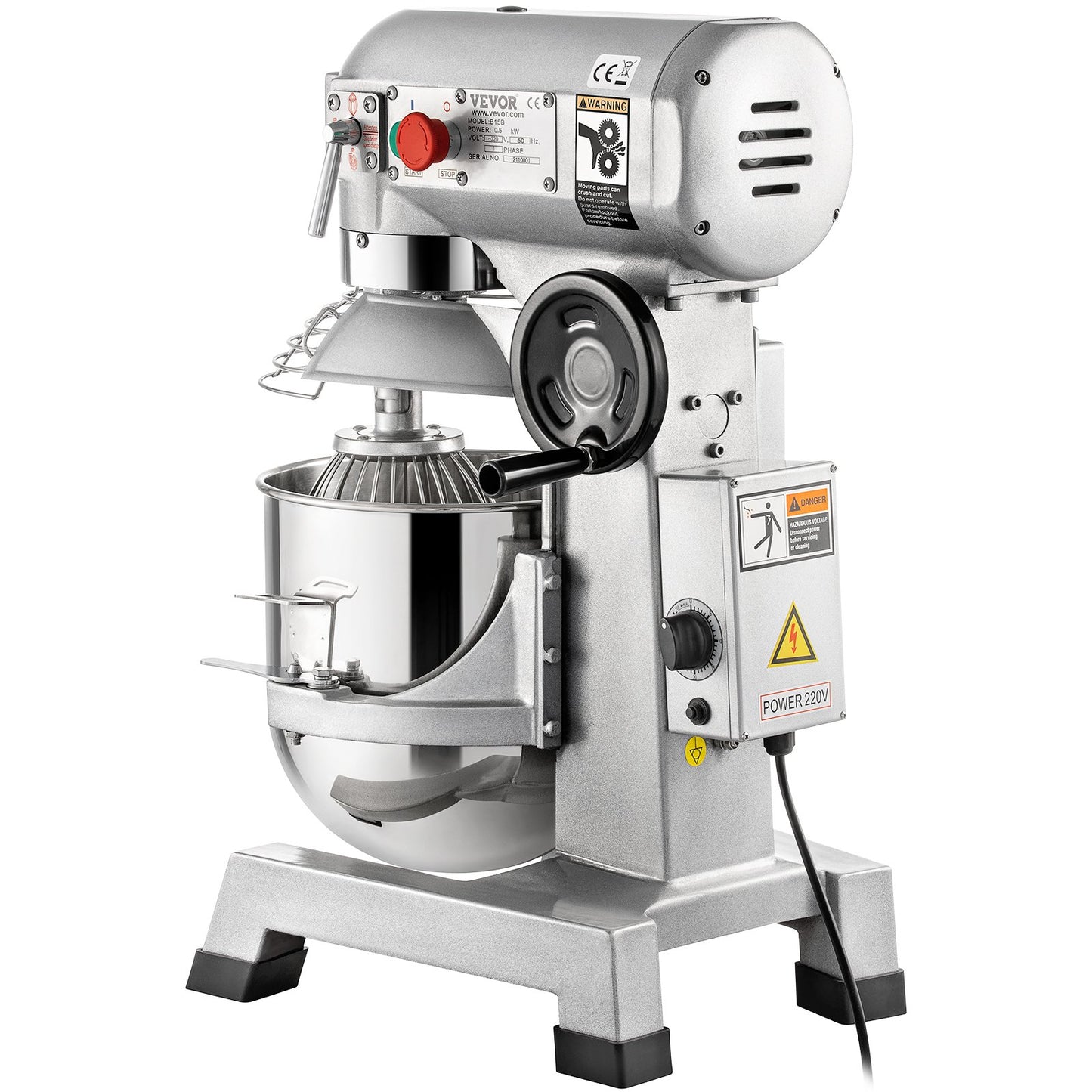 Commercial Stand Mixer, 15Qt rostfritt stål skål, 850W Heavy Duty elektrisk matmixer med 3 hastigheter justerbar 113/184/341 rpm, degkrok visp ingår, perfekt för bageri pizzeria