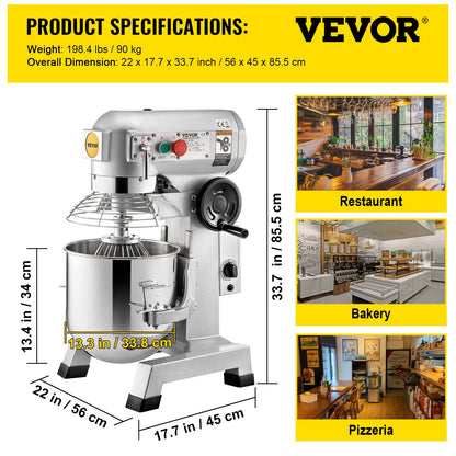 Commercial Stand Mixer, 30Qt rostfritt stål skål, 1500W Heavy Duty elektrisk matmixer med 3 hastigheter justerbar 108/199/382 rpm, degkrok visp medföljer, perfekt för bageri pizzeria