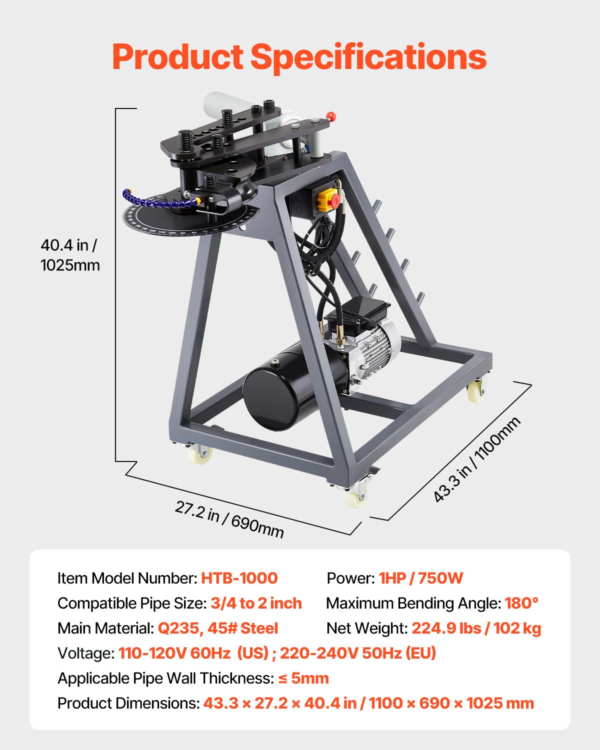 Elektrisk rörbockningsmaskin 750W rörbockare med 6L hydraulcylinder