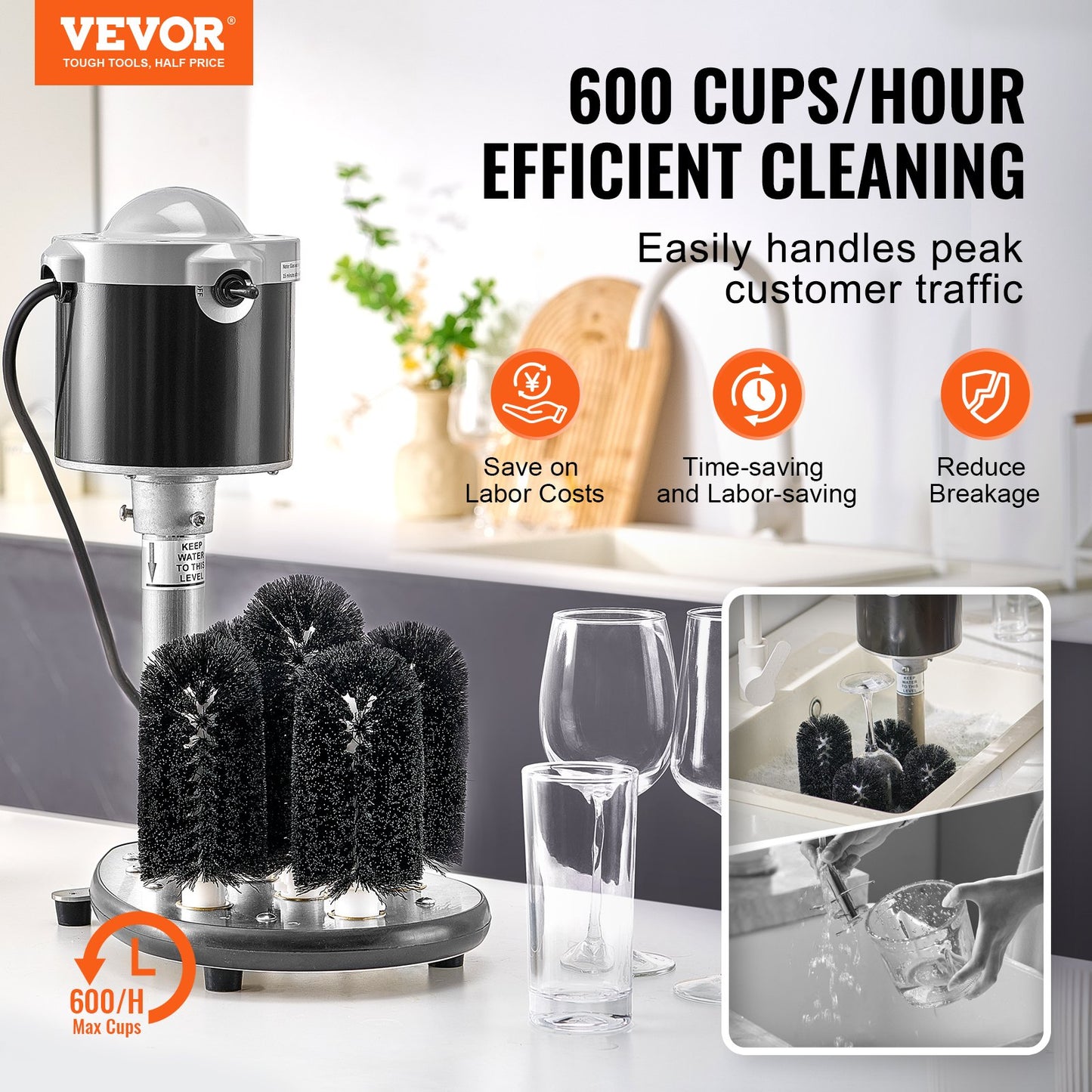 Electric glass washer 5-brushes Glass cleaner 600 cups/h for wine glasses
