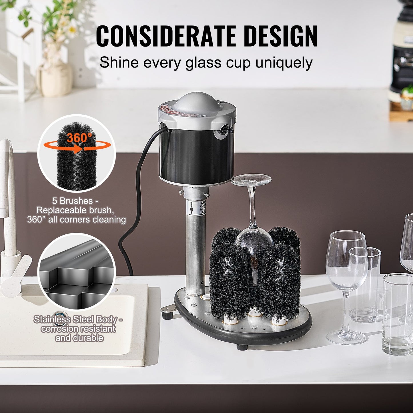Electric glass washer 5-brushes Glass cleaner 600 cups/h for wine glasses