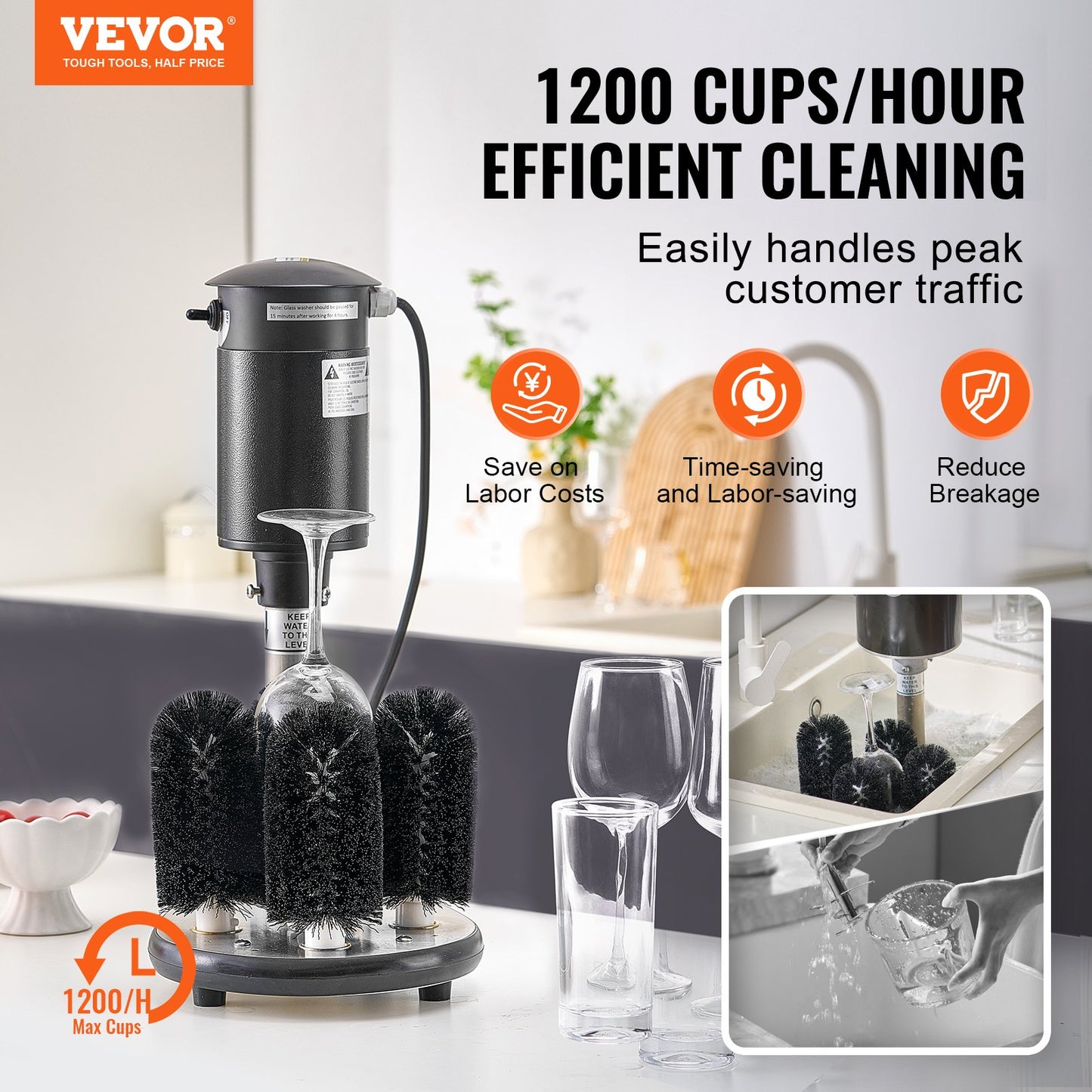 Electric glass washer 5-brushes Glass cleaner 1200 cups/h for wine glasses