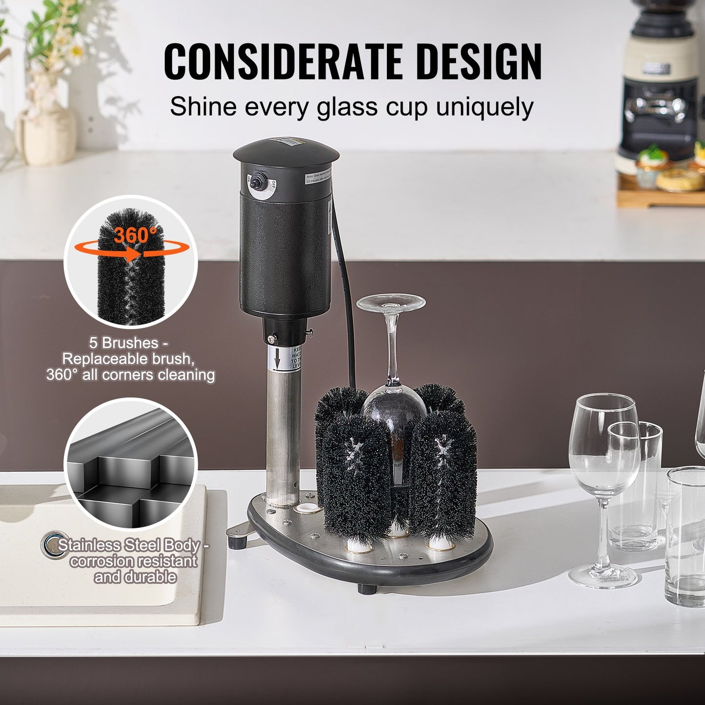 Electric glass washer 5-brushes Glass cleaner 1200 cups/h for wine glasses