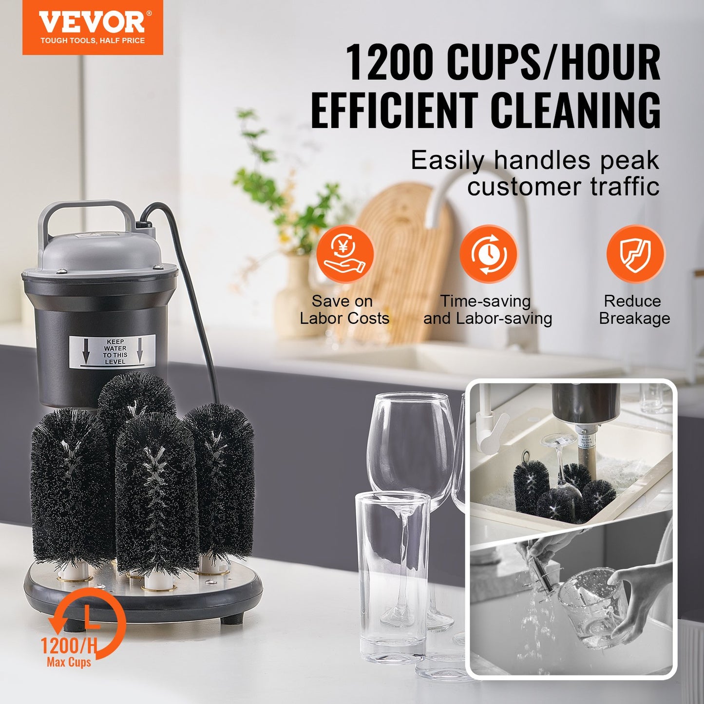 Electric glass washer 5-brushes Glass cleaner 1200 cups/h for wine glasses