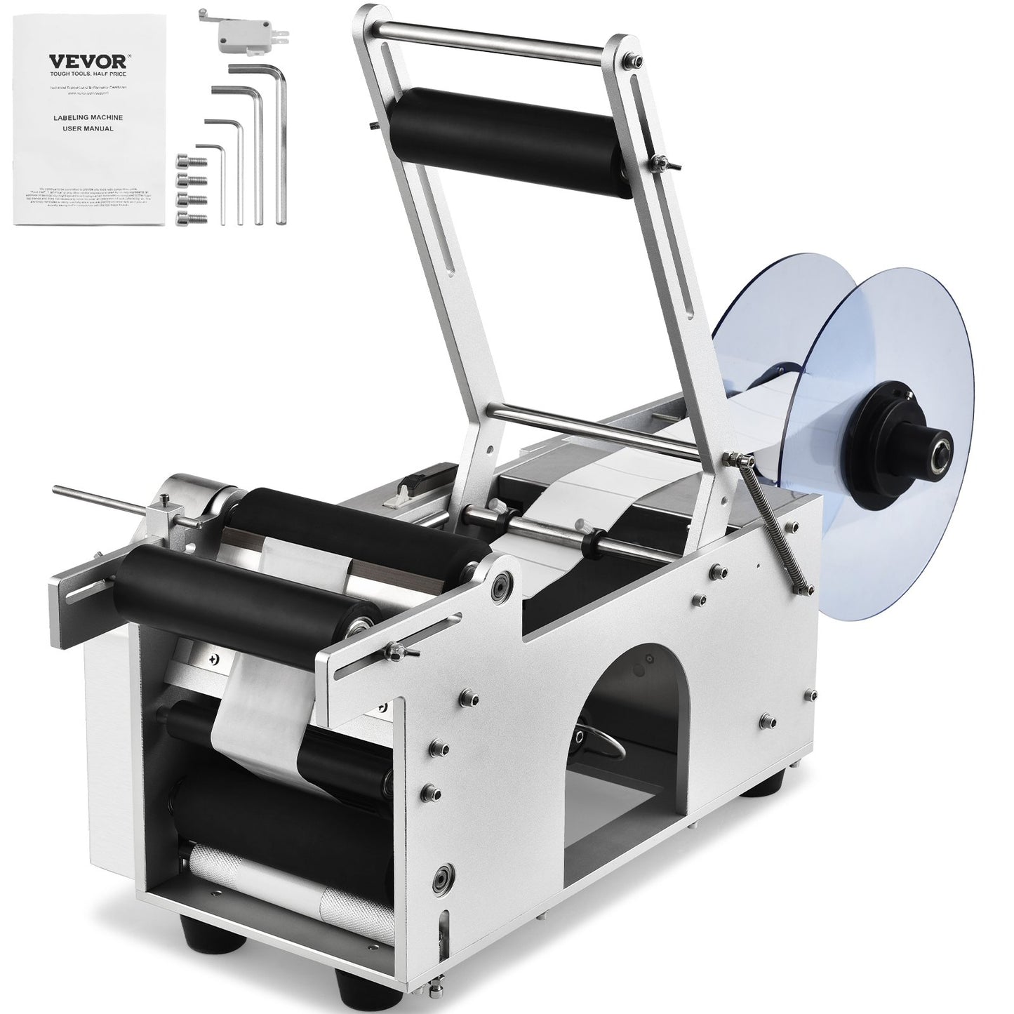 Halvautomatisk rund etiketteringsmaskin, 20-50 st/min, elektrisk flasketikettapplikator för runda flaskor, rund flasketikett Lämplig för flaskdiameter 0,78-4,72 tum (med tryckstång)